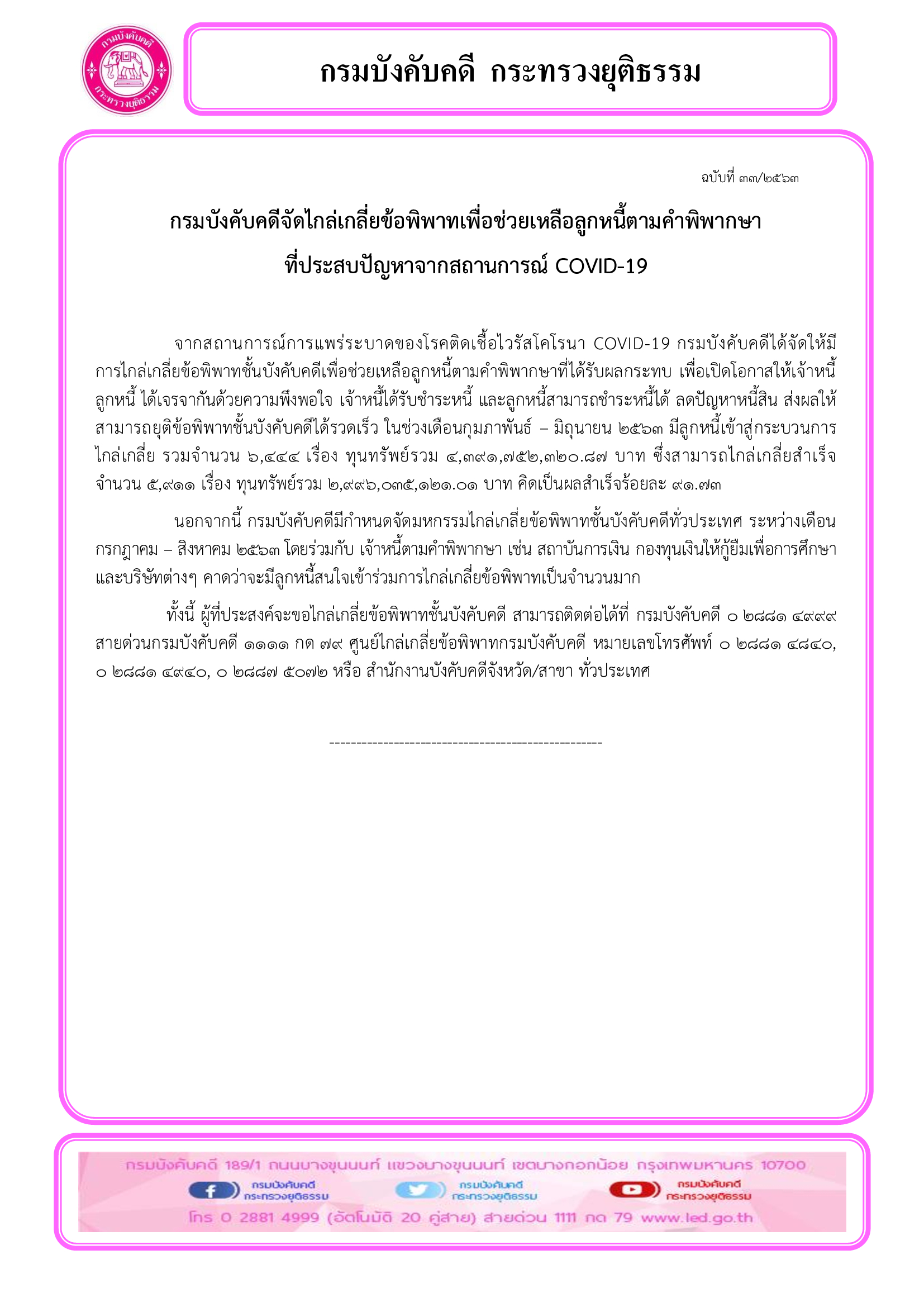 ﻿กรมบังคับคดีจัดไกล่เกลี่ยข้อพิพาทเพื่อช่วยเหลือลูกหนี้ตามคำพิพากษาที่ประสบปัญหาจากสถานการณ์ COVID-19